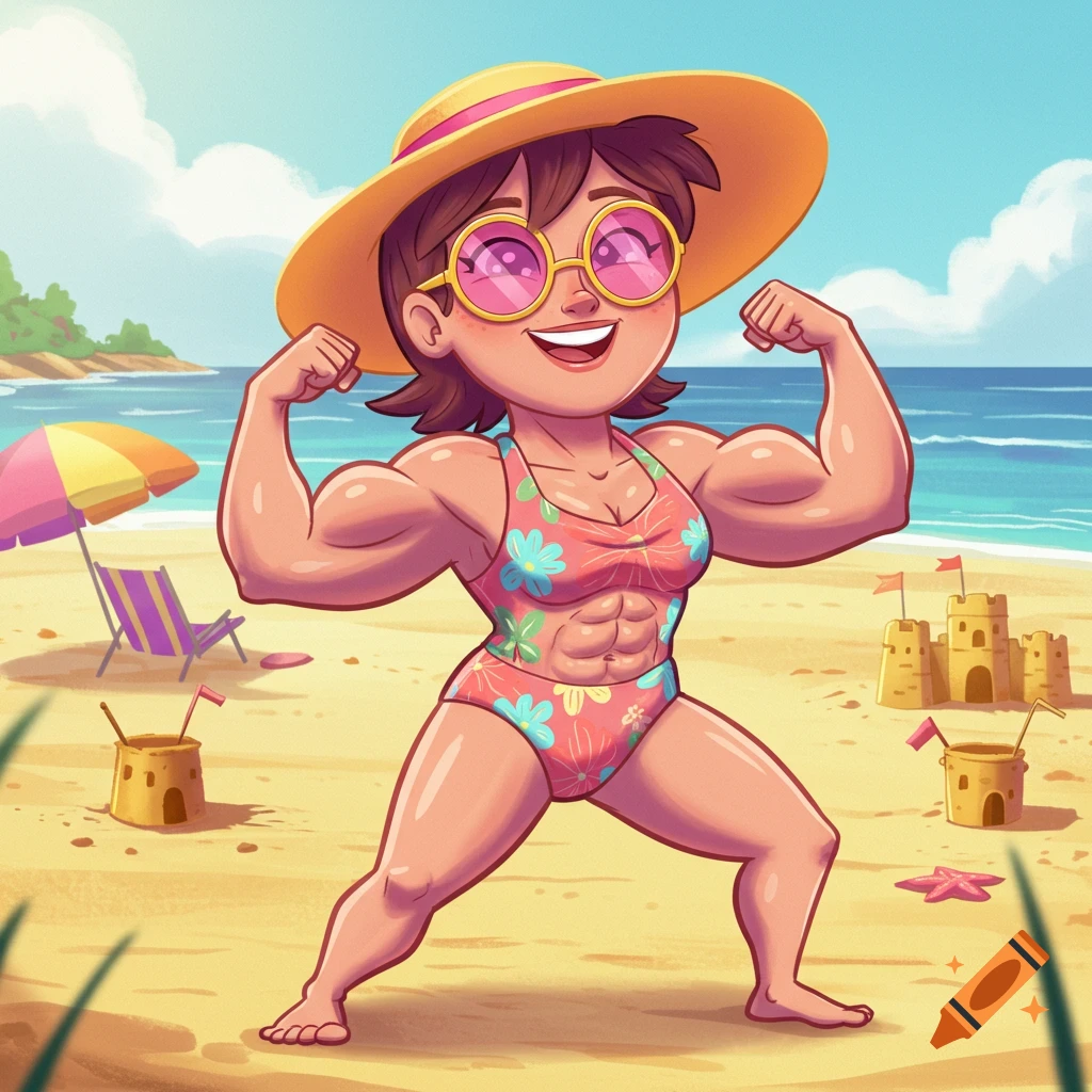 A muscular cartoon woman in a swimsuit and sun hat flexes her biceps on a sunny beach with sandcastles and an umbrella.