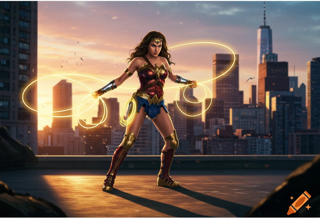 Wonder Woman on a rooftop overlooking a city at sunset, holding her glowing Lasso of Truth.
