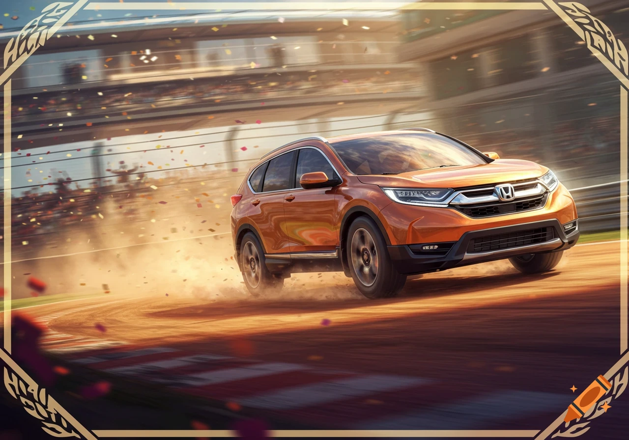 A photorealistic orange Honda CRV SUV kicks up dust on a race track, with confetti falling around it, framed by decorative gold borders.