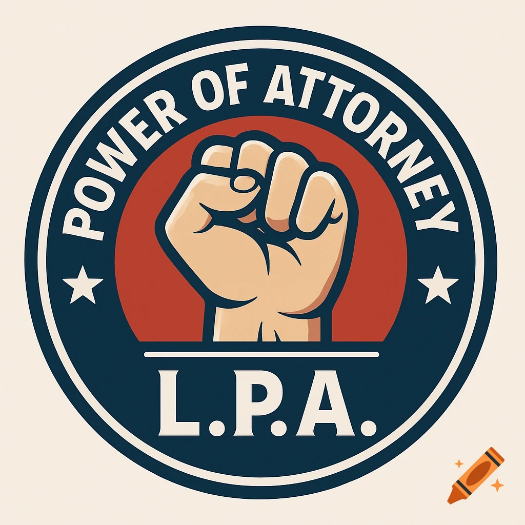 A circular cartoon-style logo featuring a raised fist in a red circle, framed by a dark blue border with white text "POWER OF ATTORNEY" and "L.P.A.", with two white stars.