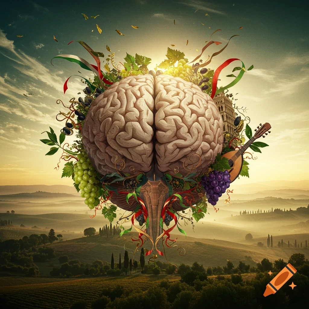 A surreal human brain adorned with grapes, olives, Italian flag ribbons, a mandolin, and a Pisa-like tower, floating above a Tuscan landscape at sunset.