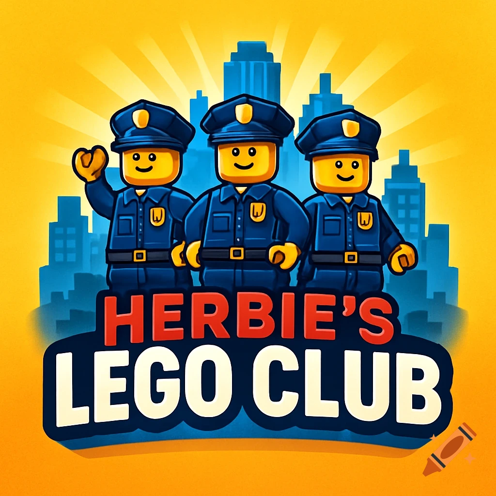Three Lego police officers in blue uniforms and hats stand before a blue city silhouette with a yellow sunburst. A logo below reads 'HERBIE'S LEGO CLUB'.