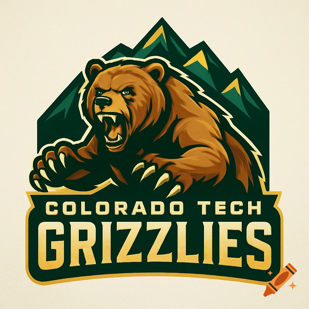 A college sports logo featuring an aggressive brown grizzly bear with bared fangs over green mountains, with 'COLORADO TECH GRIZZLIES' text.