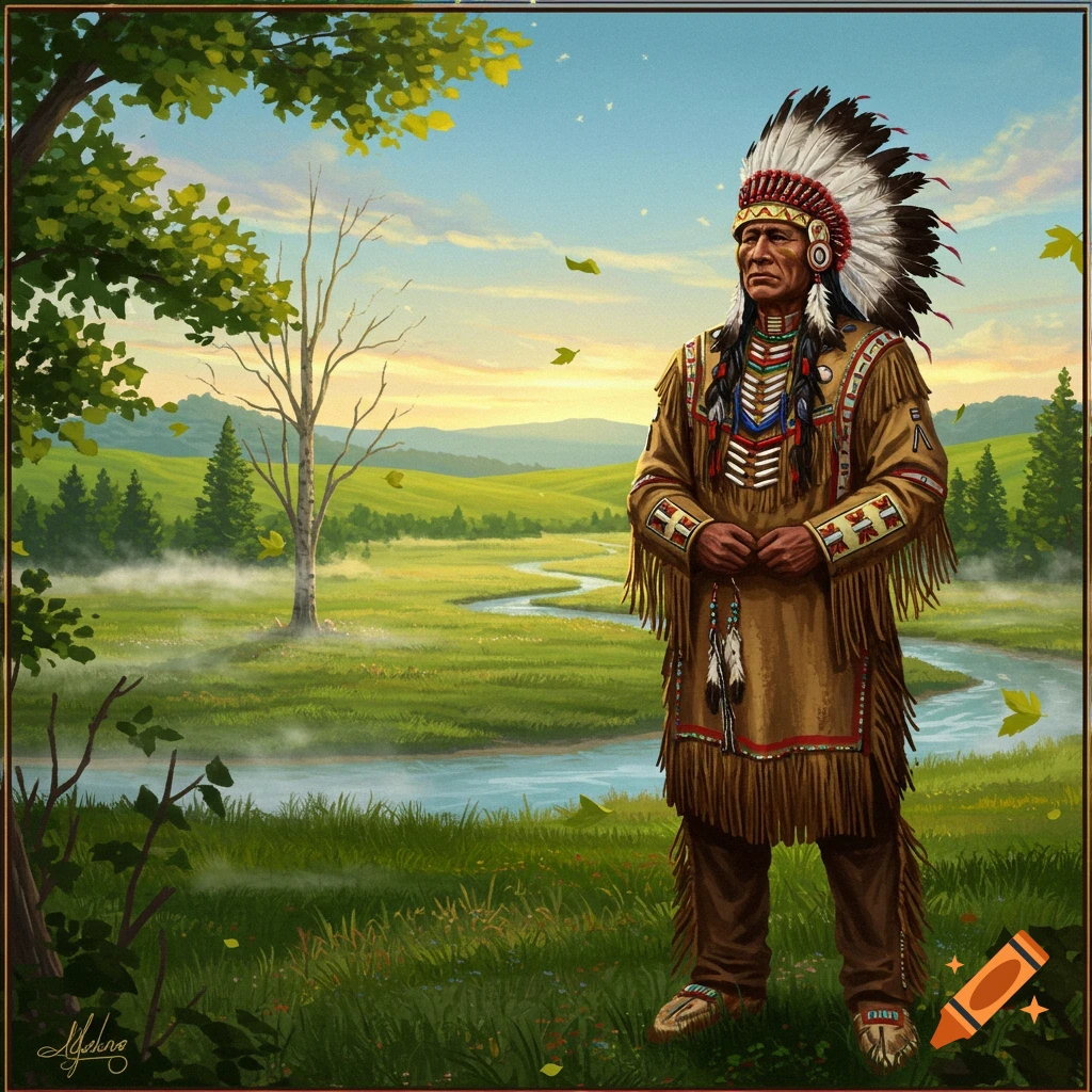 A Native American man in traditional attire with a feathered headdress stands in a vibrant green landscape with a river and trees.