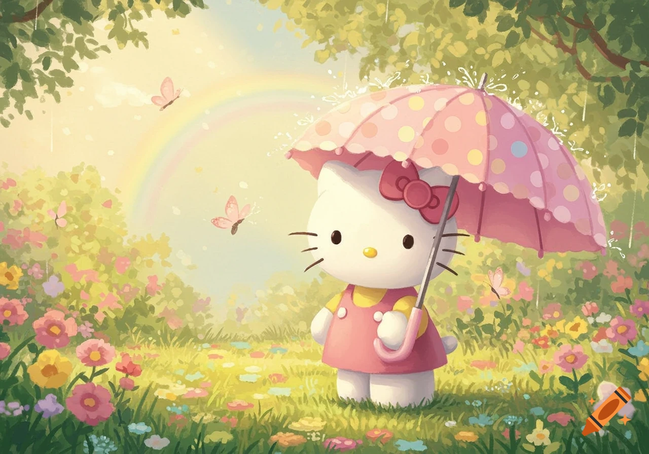 Cute illustration of Hello Kitty holding a pink polka-dot umbrella in a vibrant flower field under a rainbow and light rain.
