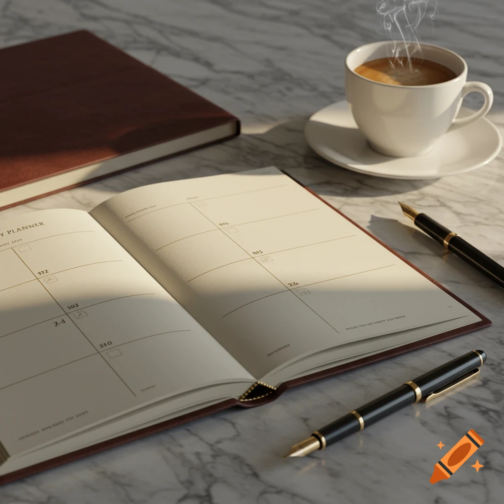 A photorealistic image of an open daily planner, two fountain pens, and a steaming cup of coffee on a marble desk.