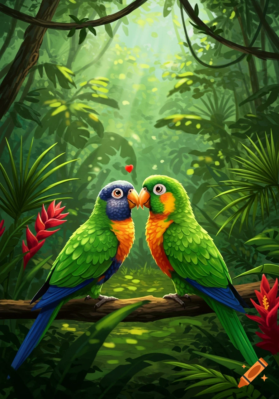 Two cartoon green and blue parrots with orange chests kiss on a branch in a vibrant jungle with a red heart above them, digital art.