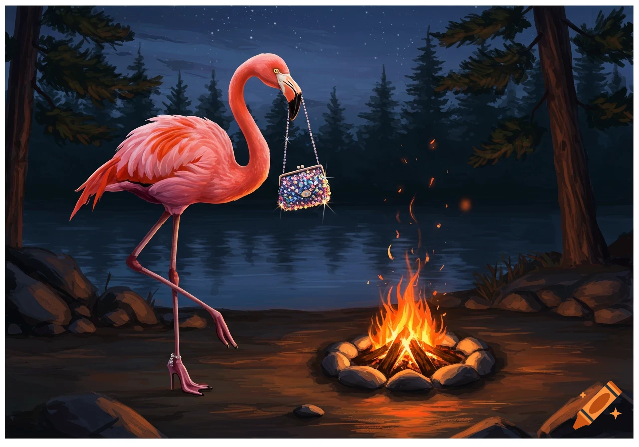 An illustrated flamingo wearing high heels holds a sparkly purse by a campfire next to a lake at night.