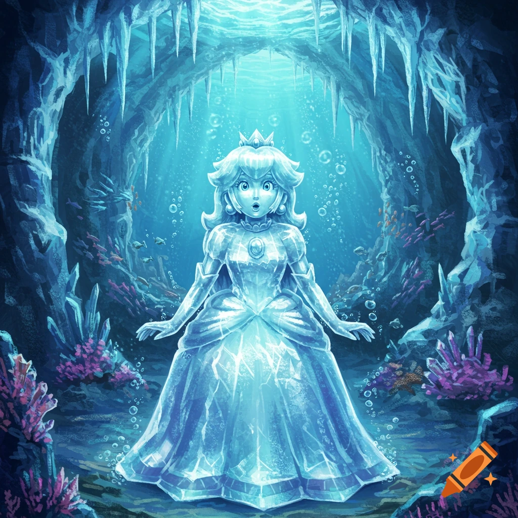 Princess Peach as a surprised ice statue in a luminous underwater ice cave with fish and coral.