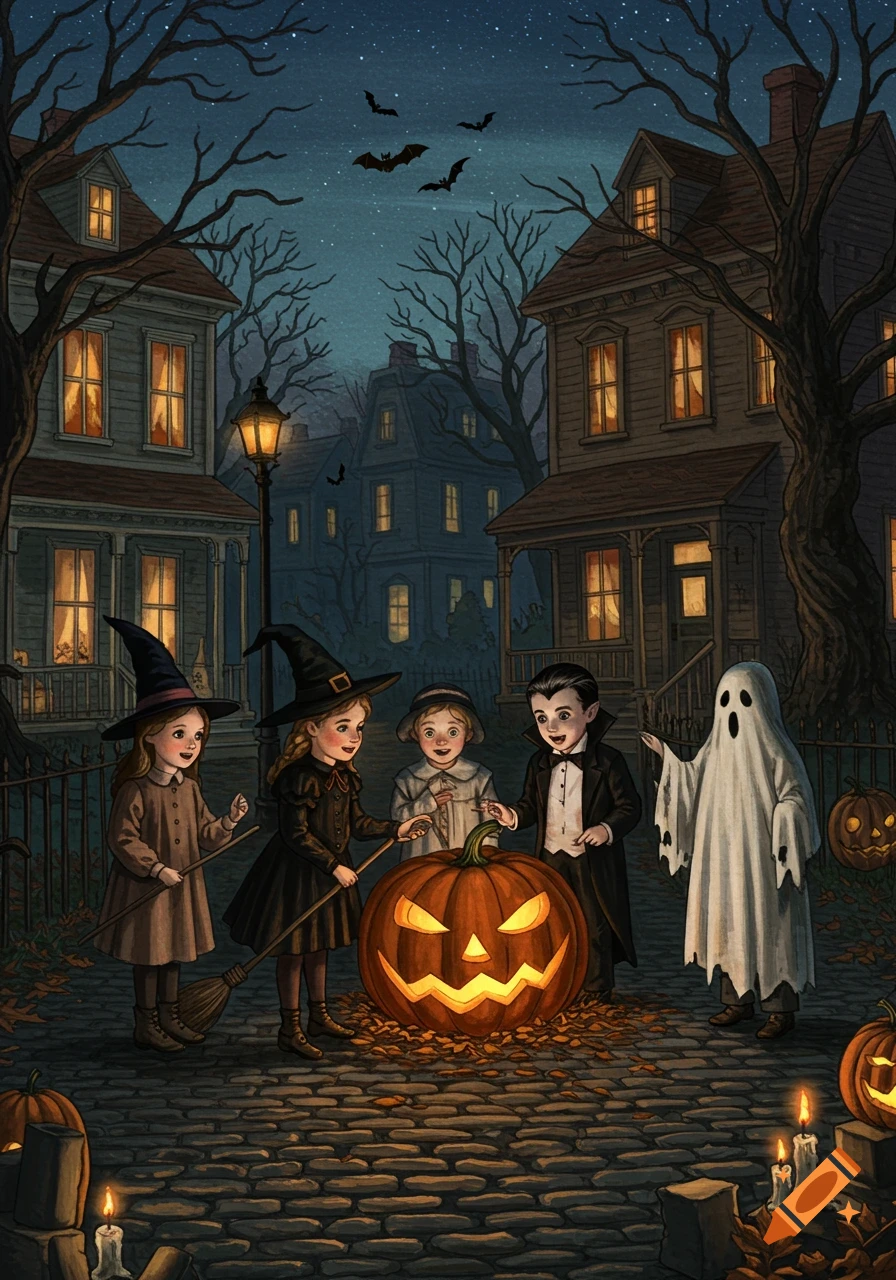 Vintage illustration of costumed children with a glowing jack-o'-lantern on a cobblestone street at night. Bats fly over Victorian houses.
