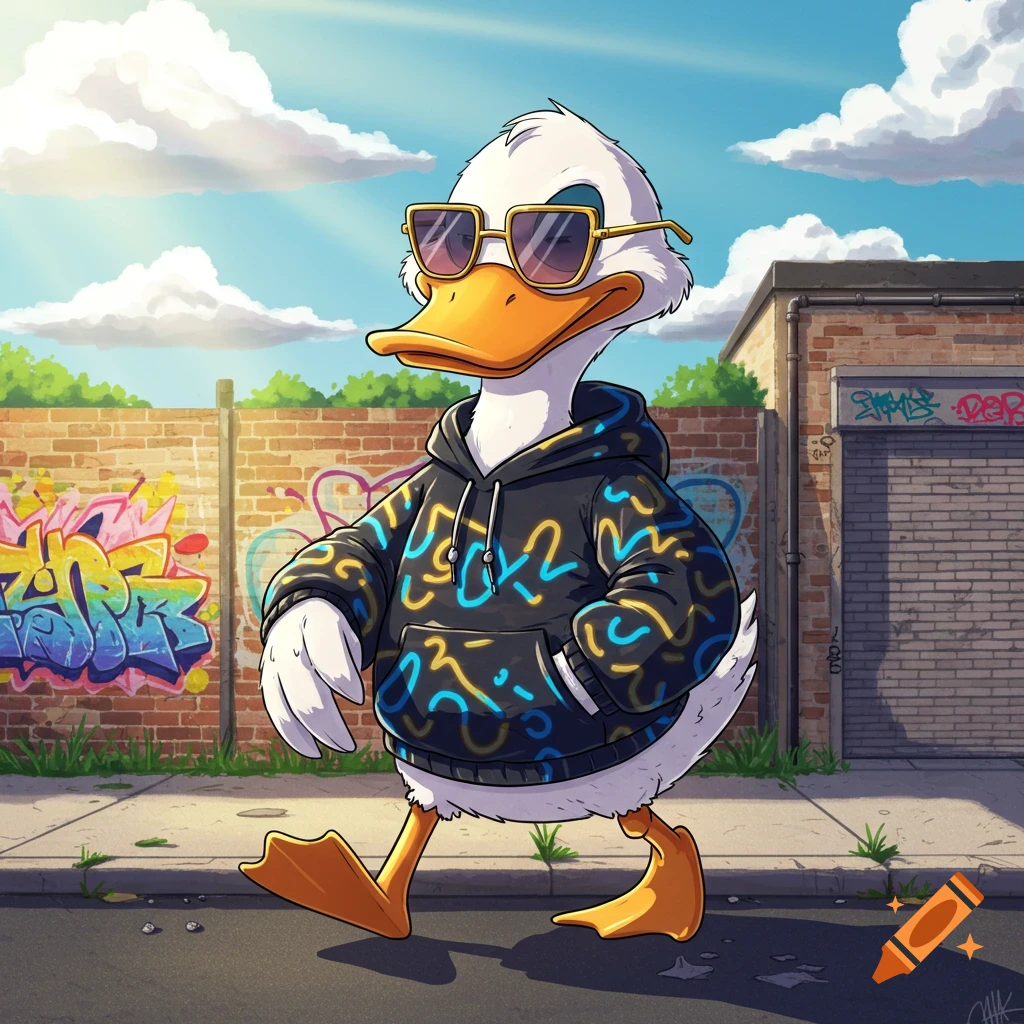 An animated duck wearing a black hoodie and sunglasses walks down a street past graffiti-covered walls.
