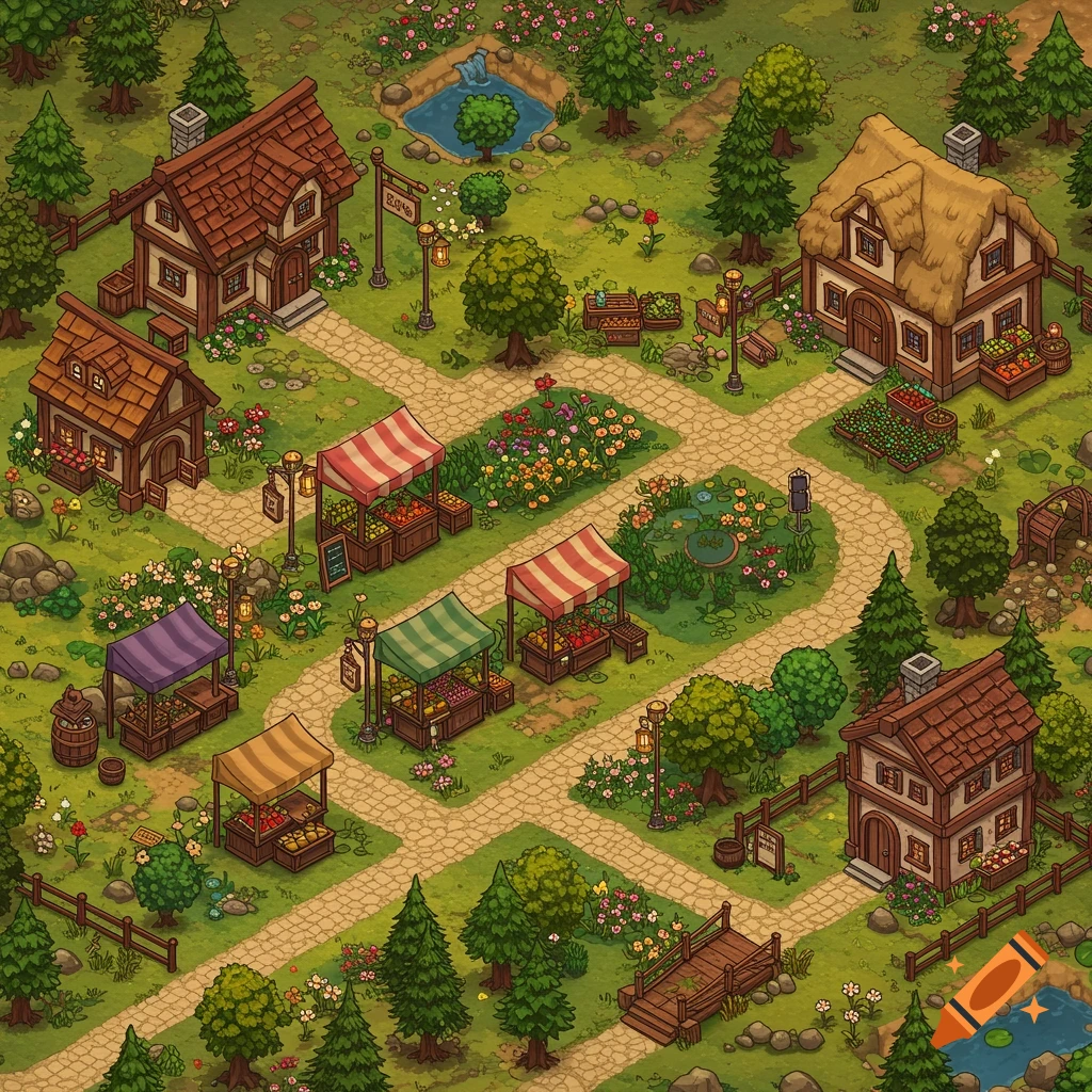 An isometric village map featuring houses, market stalls with colorful awnings, trees, winding paths, and ponds, in a Stardew Valley-like art style.