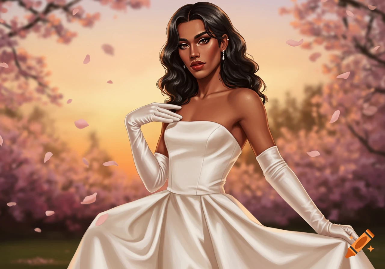 A person with dark hair in a white wedding dress and elbow-length gloves stands in a blooming cherry blossom garden.