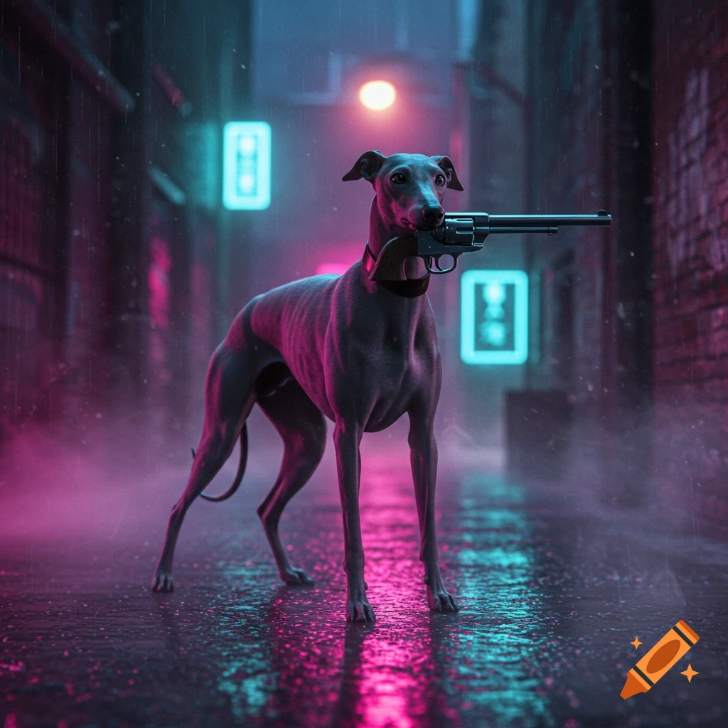 A sleek greyhound dog holds a revolver in its mouth, standing on a wet, neon-lit cyberpunk city street at night.