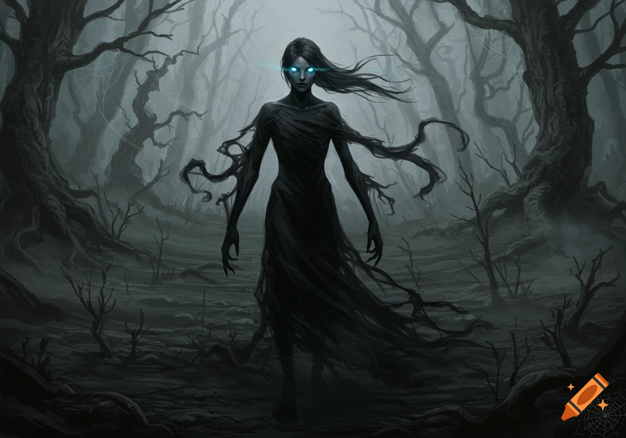 A spectral figure with glowing blue eyes stands in a dark, misty forest, in a dark fantasy art style.
