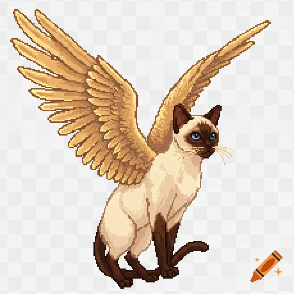 A pixel art illustration of a Siamese cat with golden wings and blue eyes looking right on a transparent background.