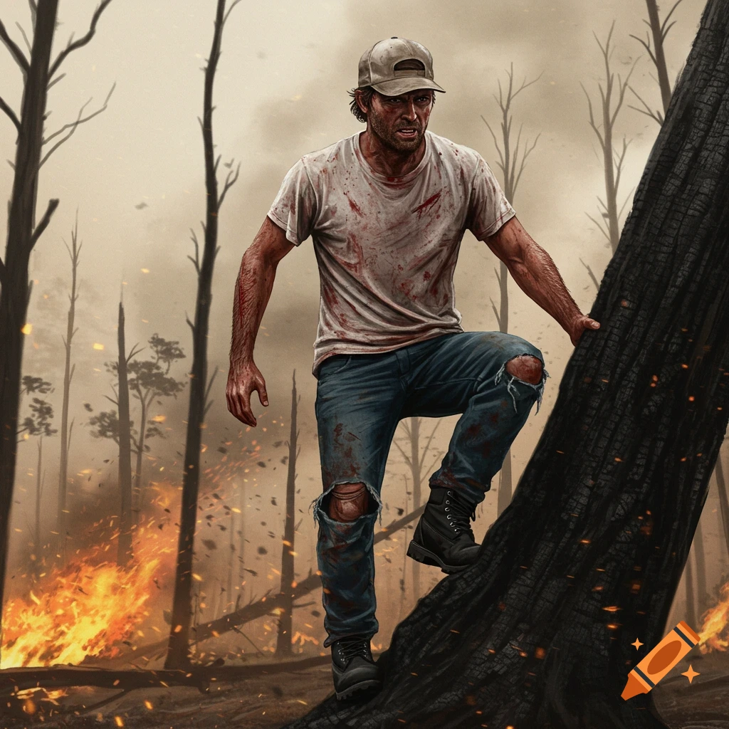 A rugged man in a cap, blood-stained shirt, and ripped jeans climbs a charred tree in a burning forest illustration.