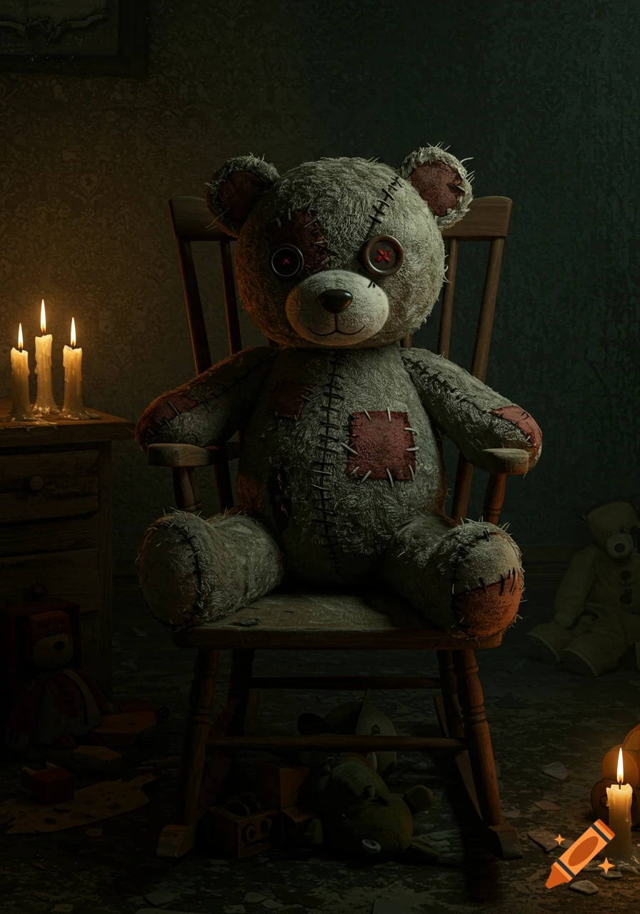 A creepy, patched-up teddy bear with button eyes sits on a rocking chair in a dark, candlelit room.