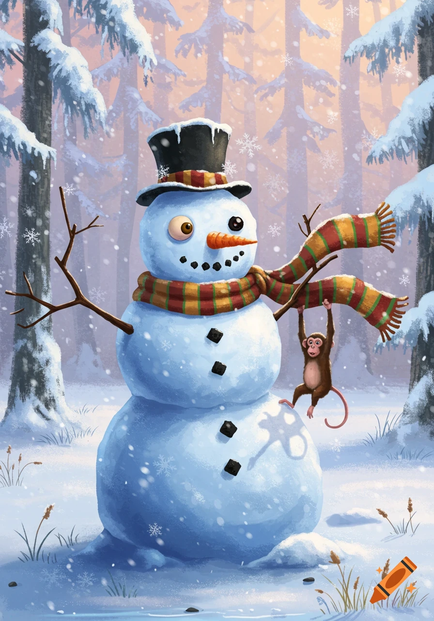A whimsical illustration of a snowman wearing a top hat and scarf, with a small monkey hanging from its branch arm in a snowy forest.