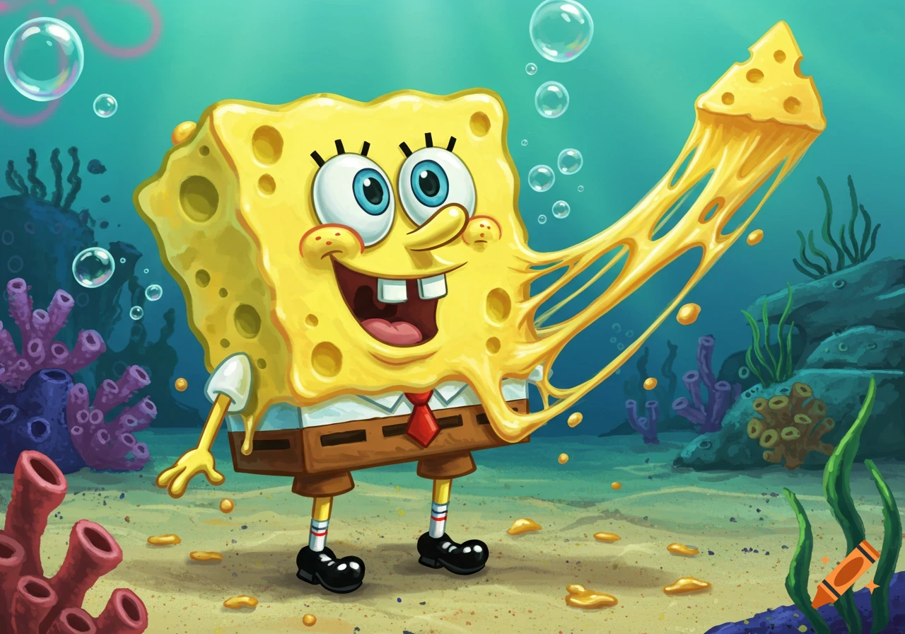 Spongebob Squarepants is smiling and stretching with extra yellow cheese covering his body under the sea.