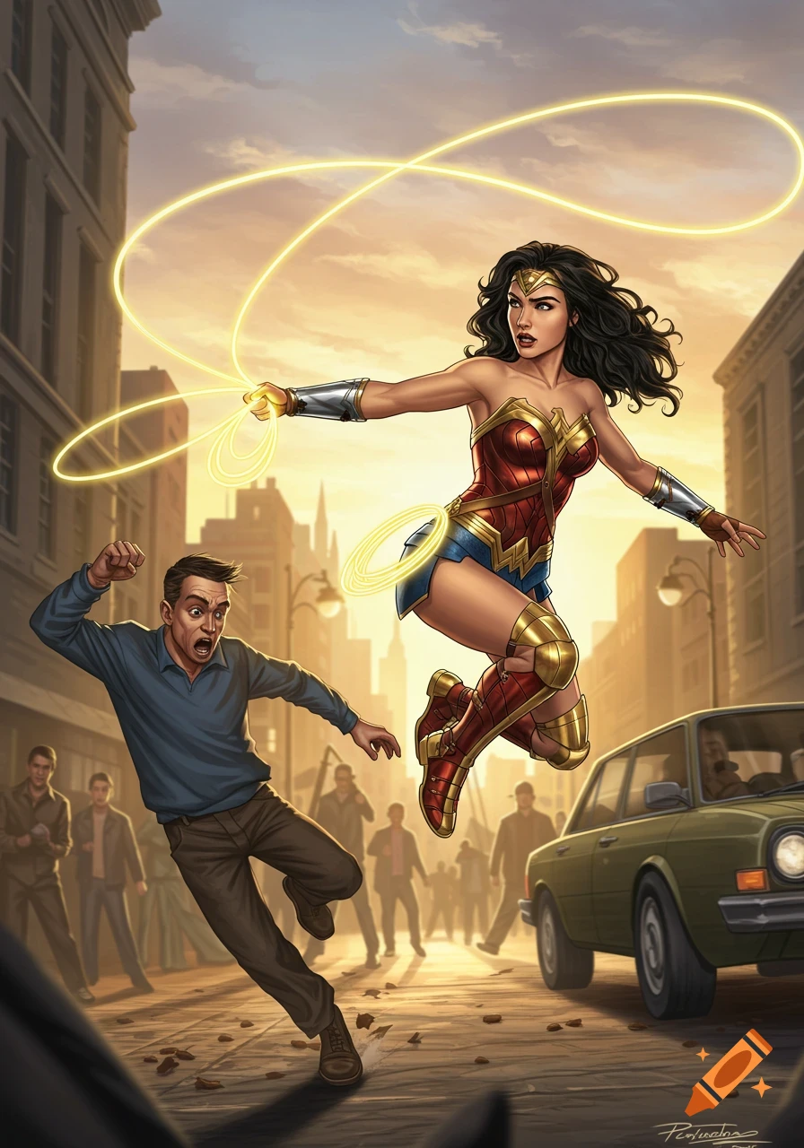 Wonder Woman uses her lasso to apprehend a startled man on a city street at sunset, in a comic art style.
