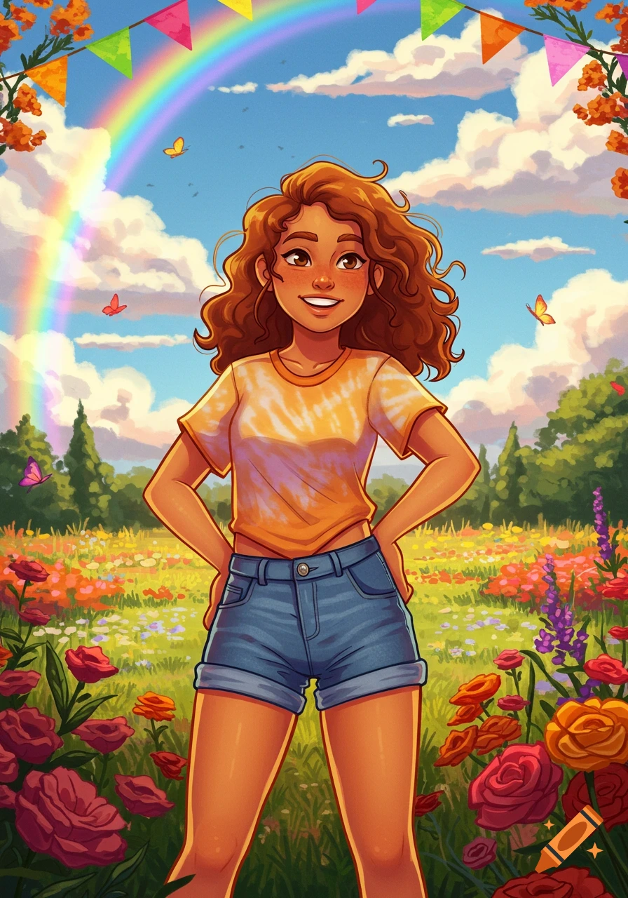 A vibrant illustration of a happy girl with curly brown hair in a tie-dye shirt and jean shorts, standing in a field of colorful flowers under a bright blue sky with clouds and a rainbow.
