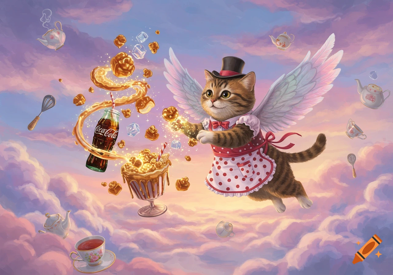 Whimsical illustration of a winged tabby cat in a top hat and apron flying, magically creating popcorn and pouring Coca-Cola from a bottle into a sundae dish in a cloudy sky.