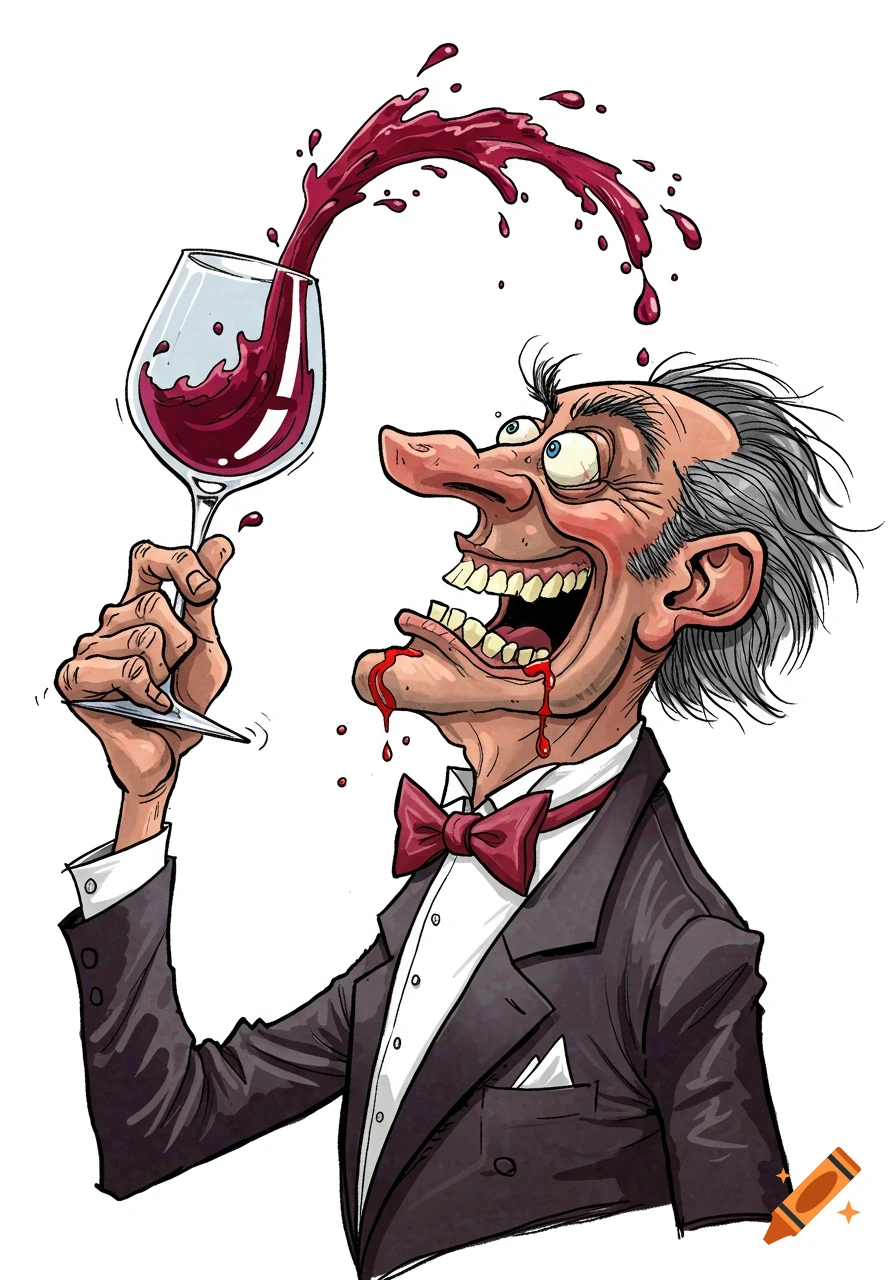 A wildly exaggerated and grotesque cartoon of a sommelier dramatically guzzling wine, with red wine splashing and dribbling down his chin, in the style of Gerald Scarfe.