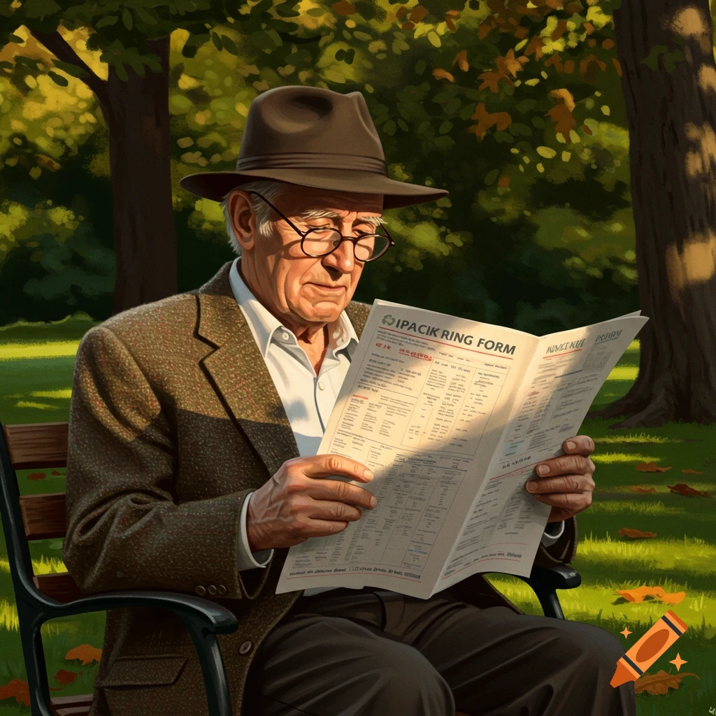 An old man wearing a hat and glasses sits on a park bench, reading a newspaper in the sunlight.