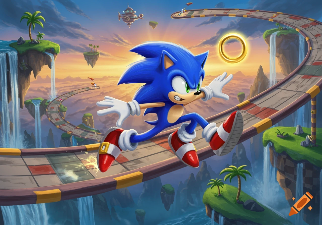 Sonic the Hedgehog runs on a floating track in a colorful world, reaching for a golden ring against a sunset sky.