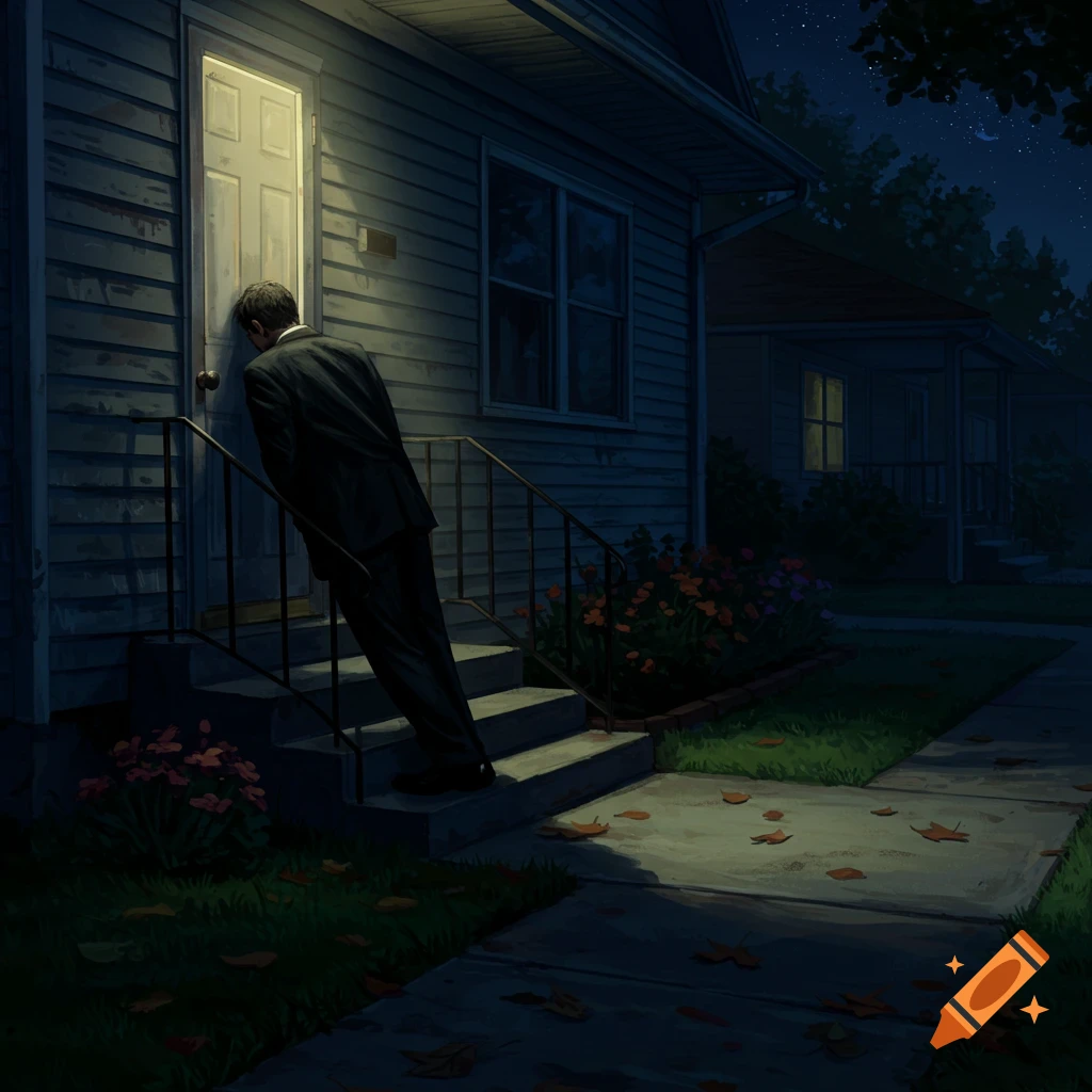 A man in a dark suit leans his head against a house door at night, illuminated by a porch light. Leaves are scattered on the ground.