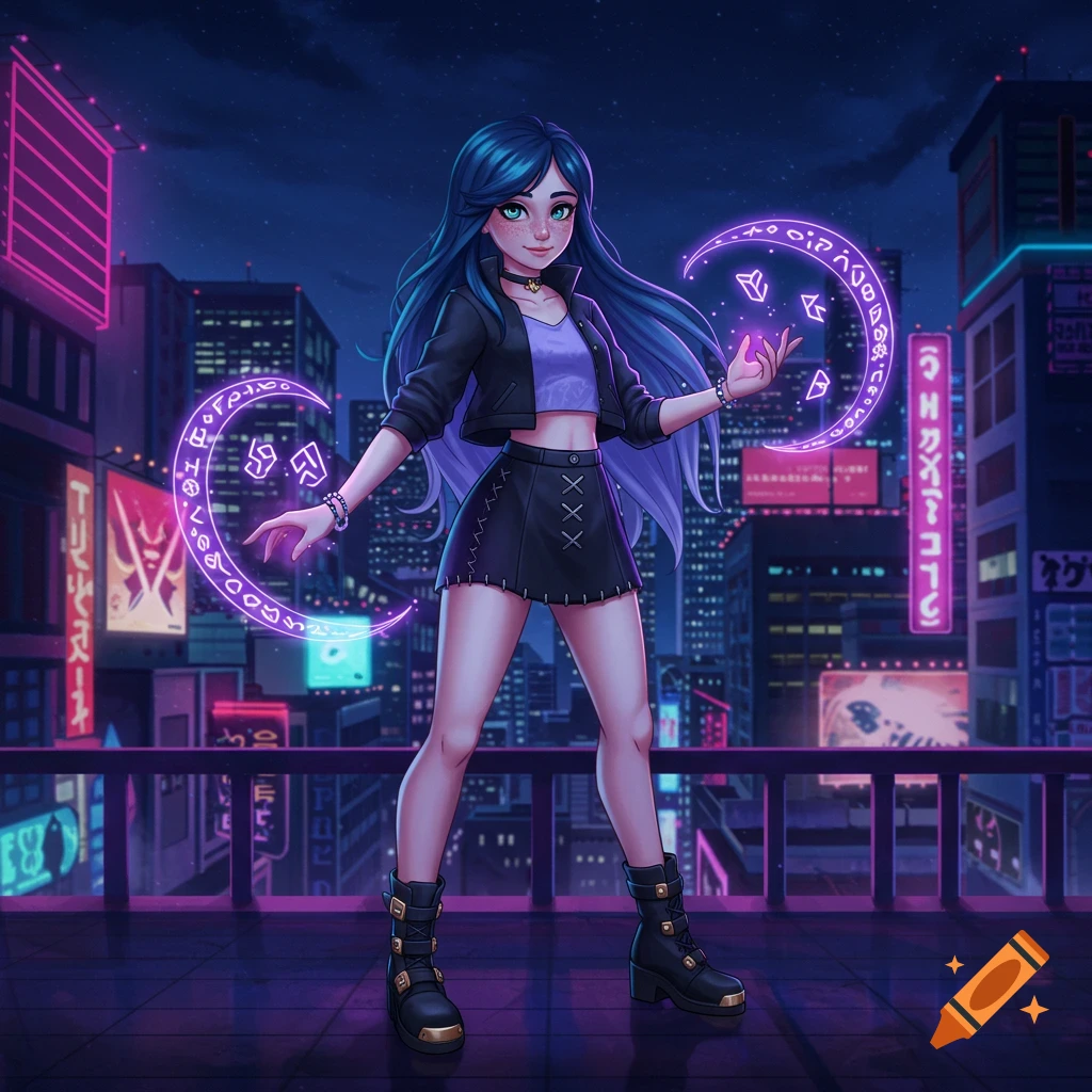 A stylized anime girl with blue hair and a black jacket stands on a neon-lit rooftop at night, casting purple magic.