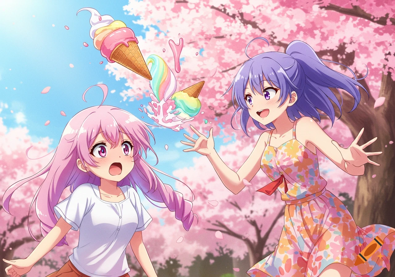 Two anime girls with long hair, one pink and one purple, laugh as ice cream falls and splashes in a cherry blossom park.