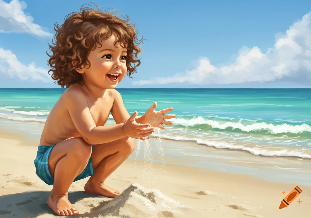 A happy child with curly hair squats on a sunny beach, playing with sand near the turquoise ocean, in a painted style.