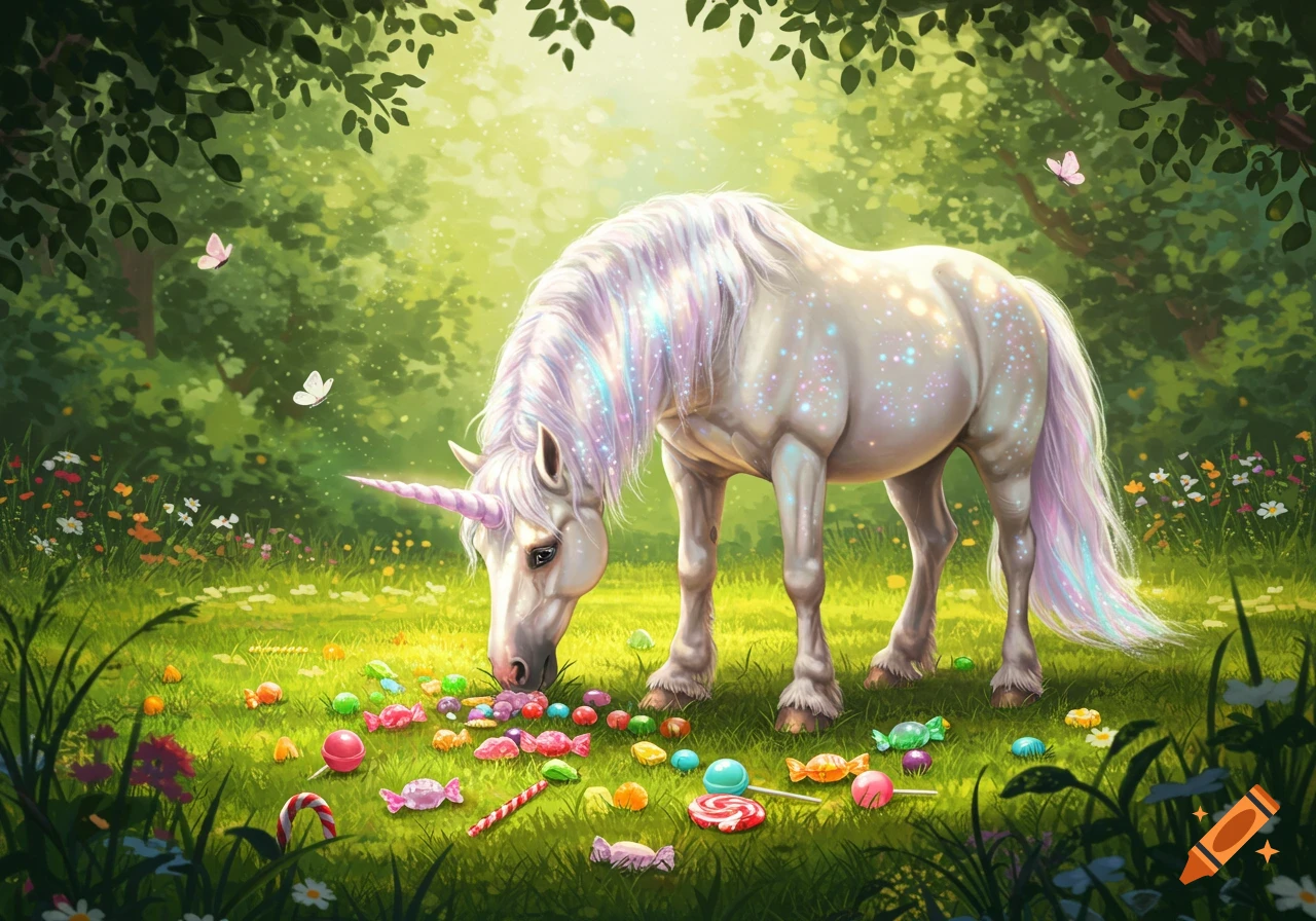 A white unicorn with a sparkling mane and purple horn grazes on colorful candies scattered across a grassy forest floor, with butterflies.
