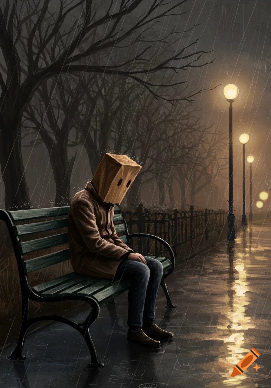 A person wearing a brown paper bag over their head sits alone on a park bench in the rain at night, illuminated by streetlights.