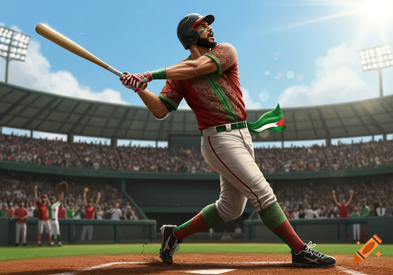 A photorealistic image of a Palestinian baseball player in a red and green patterned uniform, swinging a bat in a large stadium.