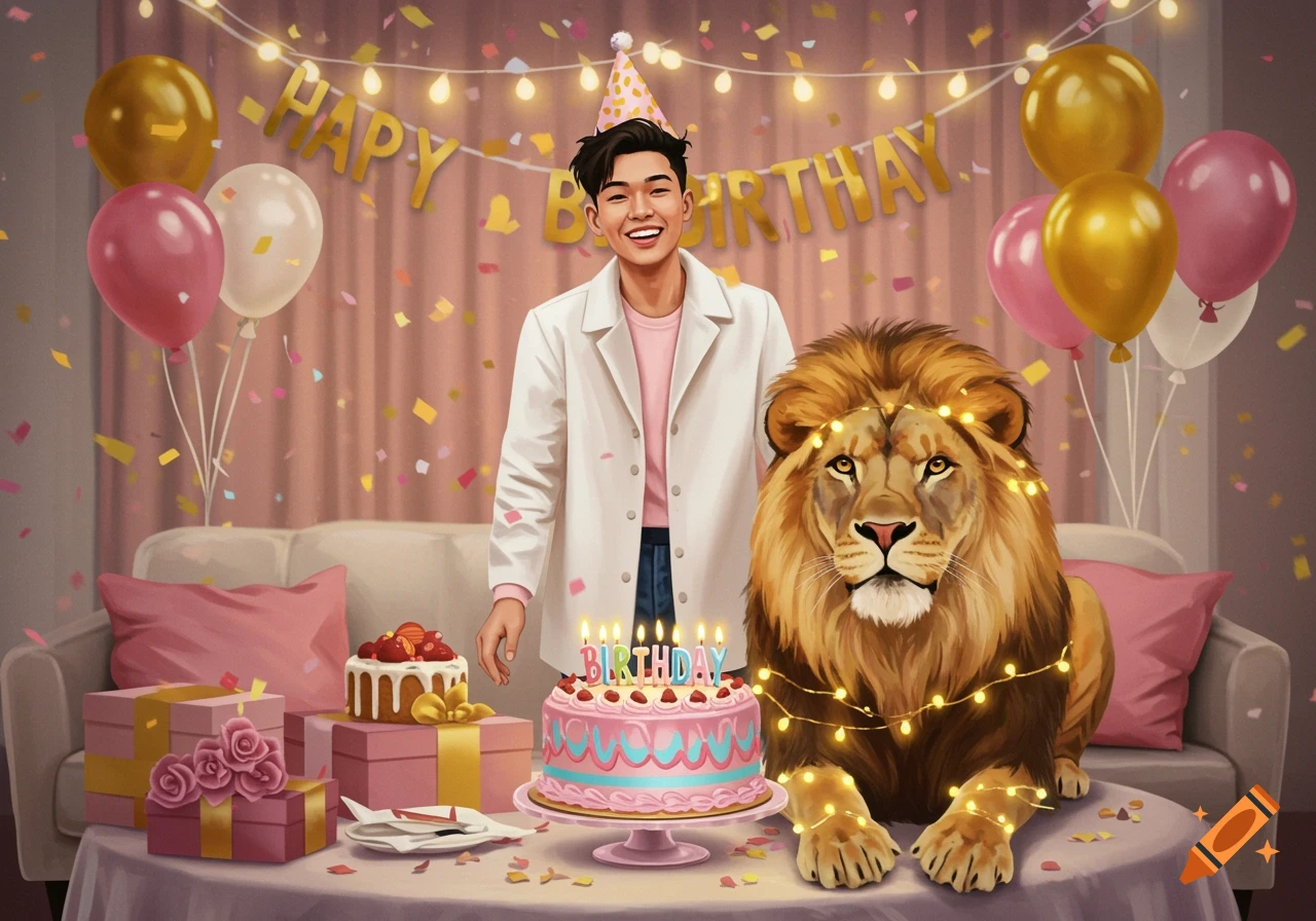 An illustration of a man and a lion at a birthday party, with a cake, balloons, and gifts, under a "HAPPY BIRTHDAY" banner.