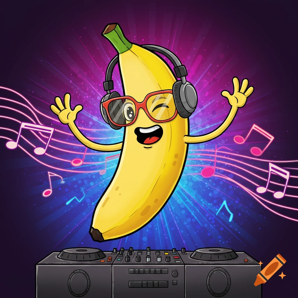 A happy cartoon banana wearing headphones and red sunglasses winks while DJing on turntables with musical notes and bright lights around.