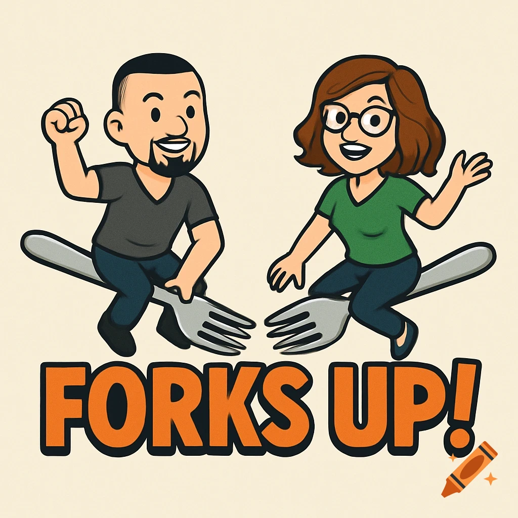 Cartoon logo of a man and a woman riding forks with the text 'FORKS UP!'
