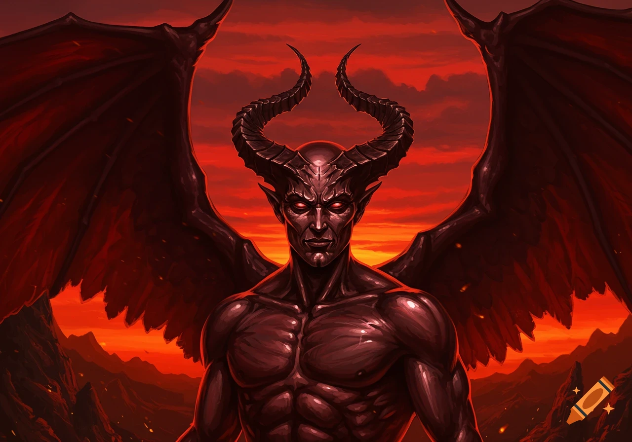 A dark, muscular devil with large horns and wings stands against a fiery red hellscape.