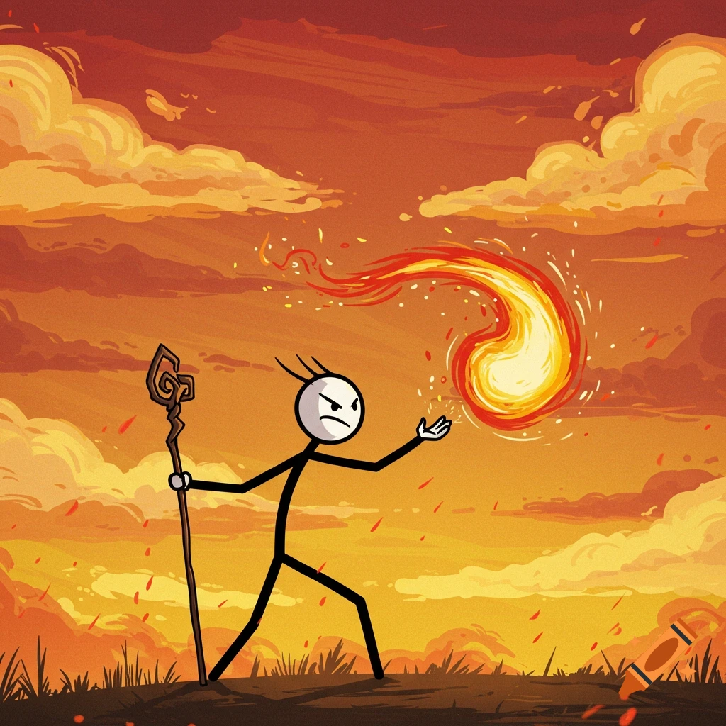A cartoon stick figure with a staff shoots a fiery spell in front of an orange, cloudy sky.