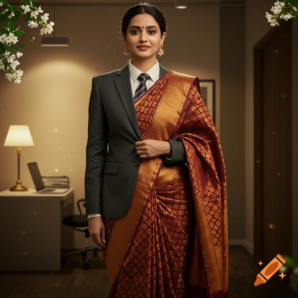 A woman in a dark grey business suit over a red and gold traditional sari stands in a modern office.