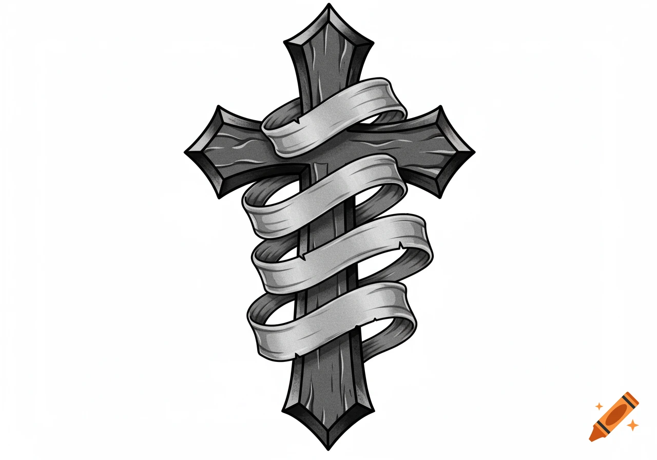 A black and grey gothic cross with a flowing banner wrapped around it, in a tattoo art style.