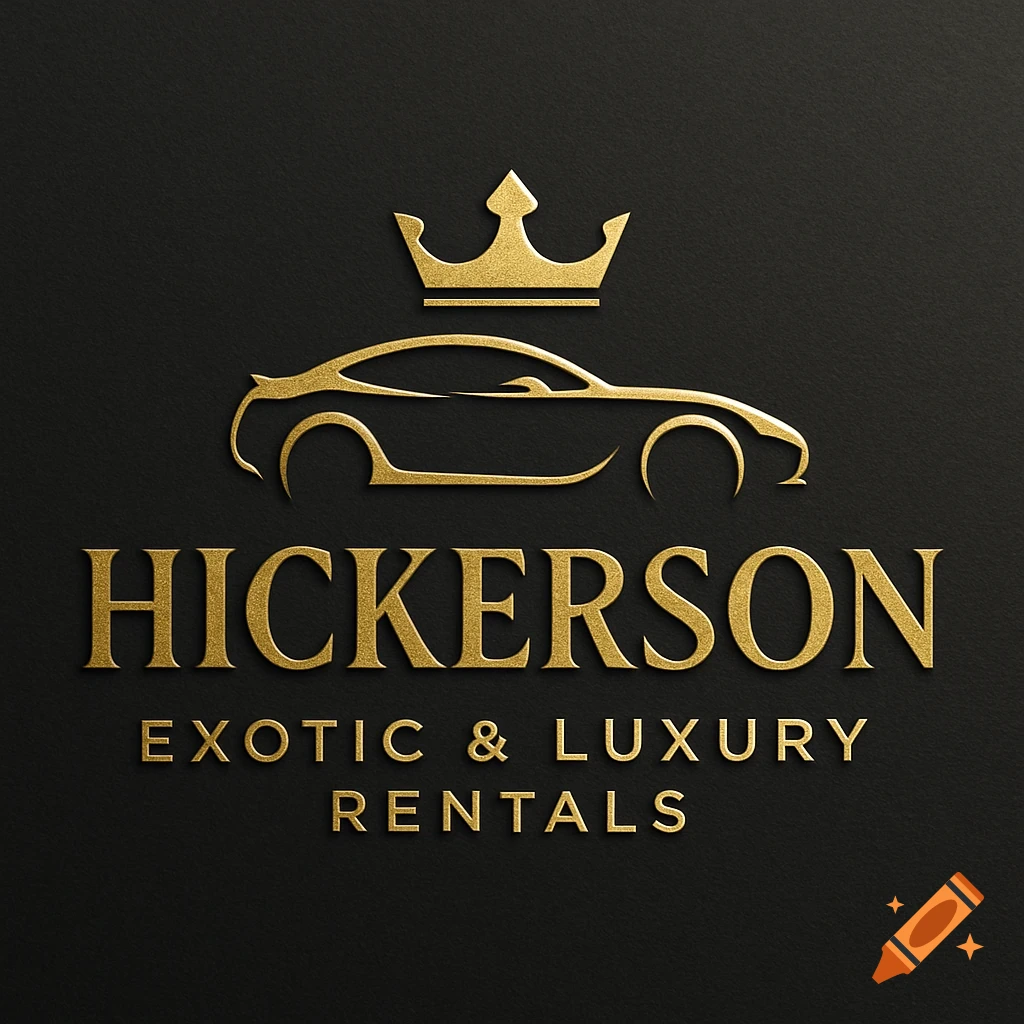 A golden logo with a crown, a stylized car, and text "Hickerson Exotic & Luxury Rentals" on a dark background.