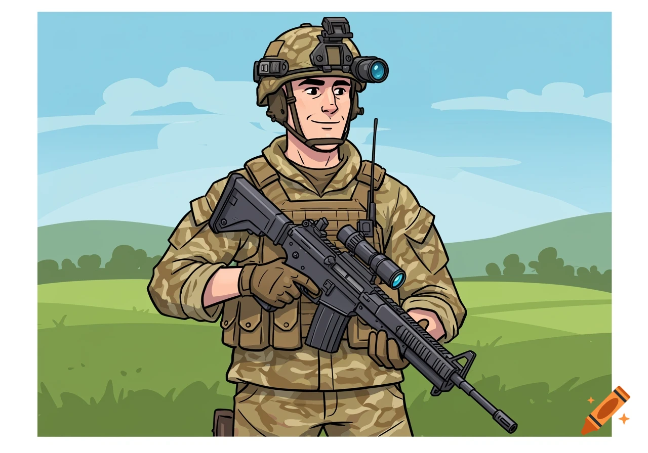 A cartoon drawing of a smiling soldier in camouflage uniform and helmet, holding a rifle, standing in a green field under a blue sky.