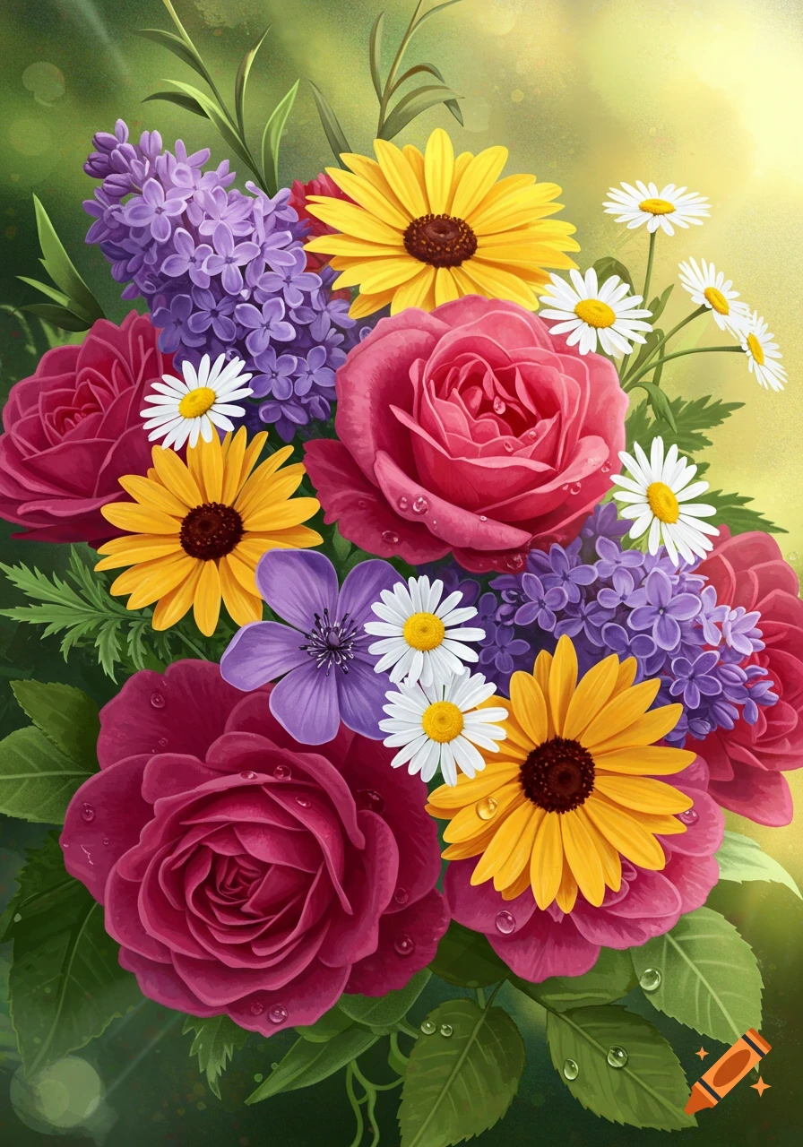 A vibrant digital painting of a bouquet with pink and red roses, yellow sunflowers, purple lilacs, and white daisies with water droplets.