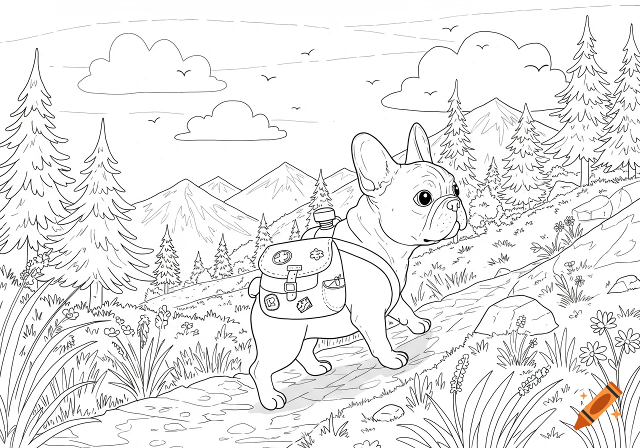 A French Bulldog with a backpack hikes up a mountain path, surrounded by trees and clouds in a coloring book style.