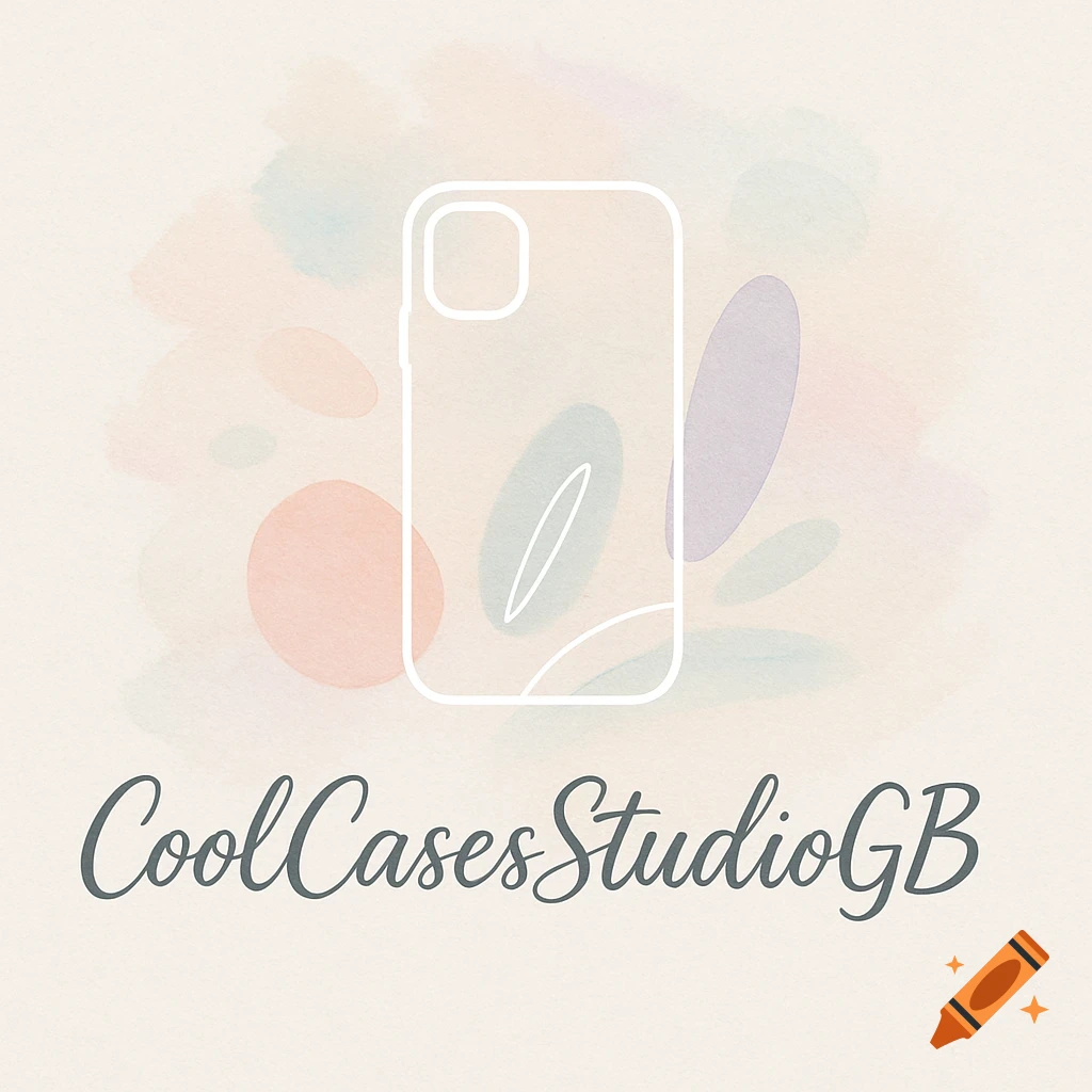 A logo with a white outline of a phone case over pastel watercolor splashes and the text 'CoolCasesStudioGB'.