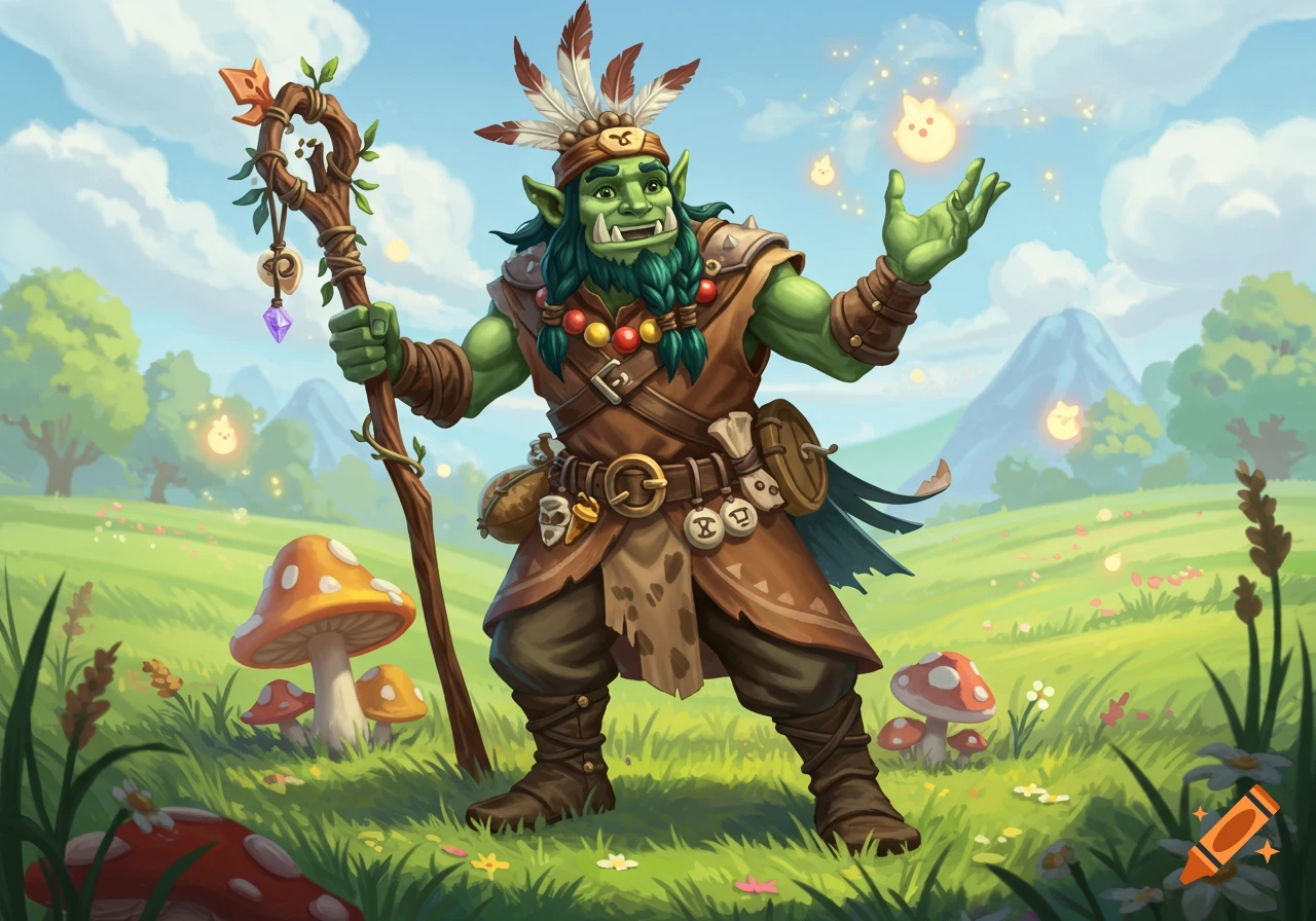A vibrant cartoon illustration of a green orc shaman holding a staff and casting magic in a sunny, mushroom-filled field.